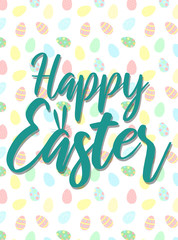 Vector image of an inscription with bunny ears on the colorful  eggs background. Hand-drawn Easter illustration for spring happy holidays, summer, greeting card, poster, banner, children, print, decor