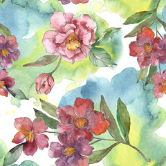 Red camelia. Floral botanical flower.Watercolor background illustration set. Seamless background...