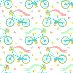 Fototapeta premium Easter seamless pattern with colorful bicycle, butterflies and basket of flowers on a transparent background. Vector hand-drawn illustration for spring holiday, print, wrapping paper, textile, summer