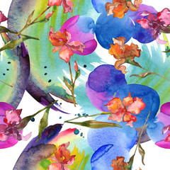 Red and purple floral botanical flower. Watercolor background illustration set. Seamless background pattern.
