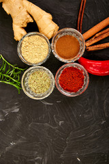 Fototapeta na wymiar Fresh and dried seasoning herbs and spices