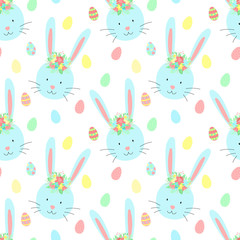 Easter seamless pattern with cute rabbits, eggs and flowers on a transparent background. Vector hand-drawn illustration of bunny for spring holiday, print, wrapping paper, textile, child, scrapbook