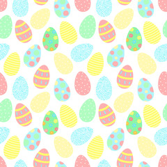 Easter seamless pattern of colorful eggs with decorations on a transparent background. Vector hand-drawn illustration for spring holiday, print, wrapping paper, textile, child, scrapbook, clothing