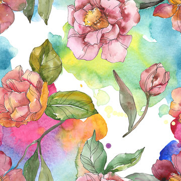 Red camelia. Floral botanical flower.Watercolor background illustration set. Seamless background pattern. © LIGHTFIELD STUDIOS