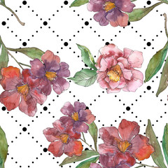 Red camelia. Floral botanical flower.Watercolor background illustration set. Seamless background...