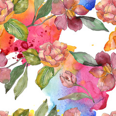 Red camelia. Floral botanical flower.Watercolor background illustration set. Seamless background...