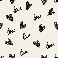 Doodle Valentines Day background seamless pattern with cute hearts and word love. Vector illustration.