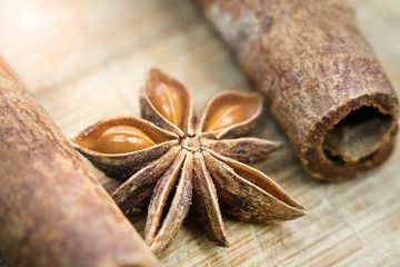 spice star anise and cinnamon close up