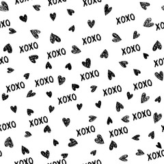 Fototapeta na wymiar XOXO brush lettering signs seamless pattern with hearts, hugs and kisses phrase, Internet slang abbreviation XOXO symbols, vector illustration.