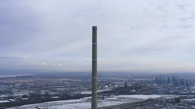 Aerial footage with a large industrial oil refinery