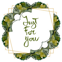 Yellow green ginkgo biloba leaf. Watercolor background illustration set. Frame border ornament...