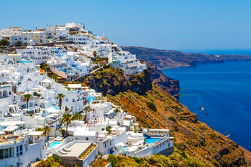 view from Santorini, Greece - sun, blue sky, sea and white stairs. Europe