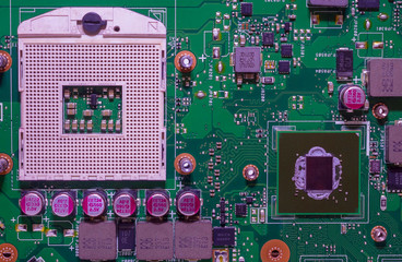 Computer chip with capacitors on white isolated background