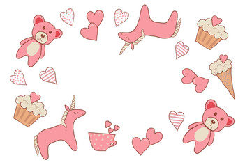 Greeting card or template for Valentine's Day, cute illustration with unicorn .Vector graphics
