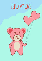 Postcard or template for Valentine's Day, cute illustration with teddy bear and valentines .Vector graphics