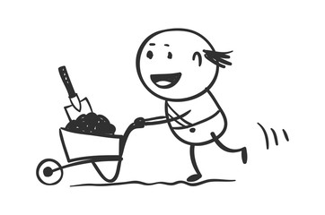 Working. Vector illustration, little man with a garden wheelbarrow, funny characters