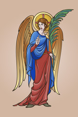 Angel figure with blessing gesture and palm branch. Medieval gothic style concept art. Design element. Brightly colored drawing. Medieval Manuscript pallette. EPS10 vector illustration