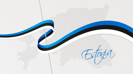 Wavy national flag and radial dotted halftone map of Estonia