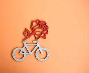 love/valentines/anniversary/ birthday  card with wooden figures of birds,hearts, roses, bicycle/top view