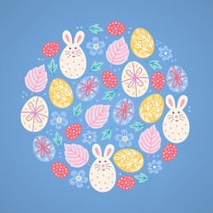 Easter greeting card with bunny, eggs, leaves, flowers