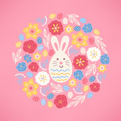 Easter greeting card with narcissus, roses, peony, bunny, leaves, eggs