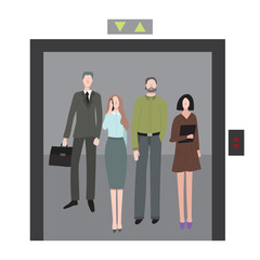 Cartoon Office Workers Characters Men and Women in Elevator. Vector