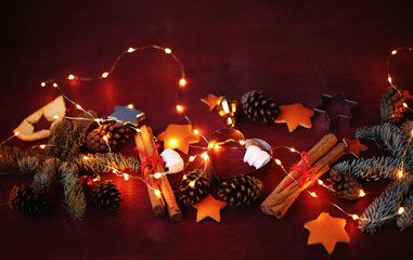 Christmas and New year background with Tree decorations  and lights/top view/flat lay