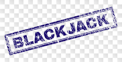 BLACKJACK stamp seal imprint with rubber print style and double framed rectangle shape. Stamp is placed on a transparent background. Blue vector rubber print of BLACKJACK label with corroded texture.