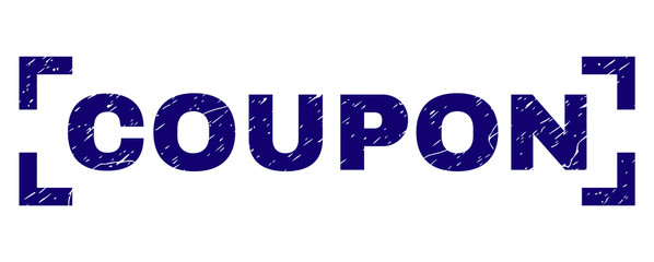COUPON text seal print with corroded texture. Text tag is placed inside corners. Blue vector rubber print of COUPON with scratched texture.