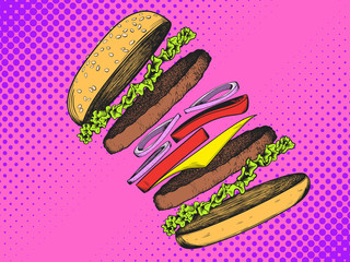 Burger with cutlet, salad, cheese, tomato, onion. Pop Art vintage vector illustration