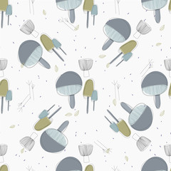 Vector illustration of vintage seamless pattern of hand draw quirky mushroom. Sketch pattern for decoration and design. Cute gray background for kids fashion fabric, wrapping, wallpaper for menu.