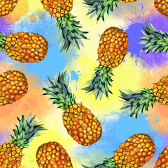 watercolor fruit, hand painted pineapple  illustration seamless pattern on color background