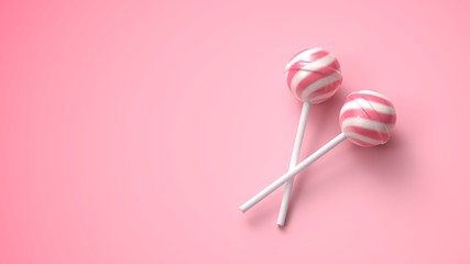 Two sweet striped pink and white lollipops on stick on bright pink background