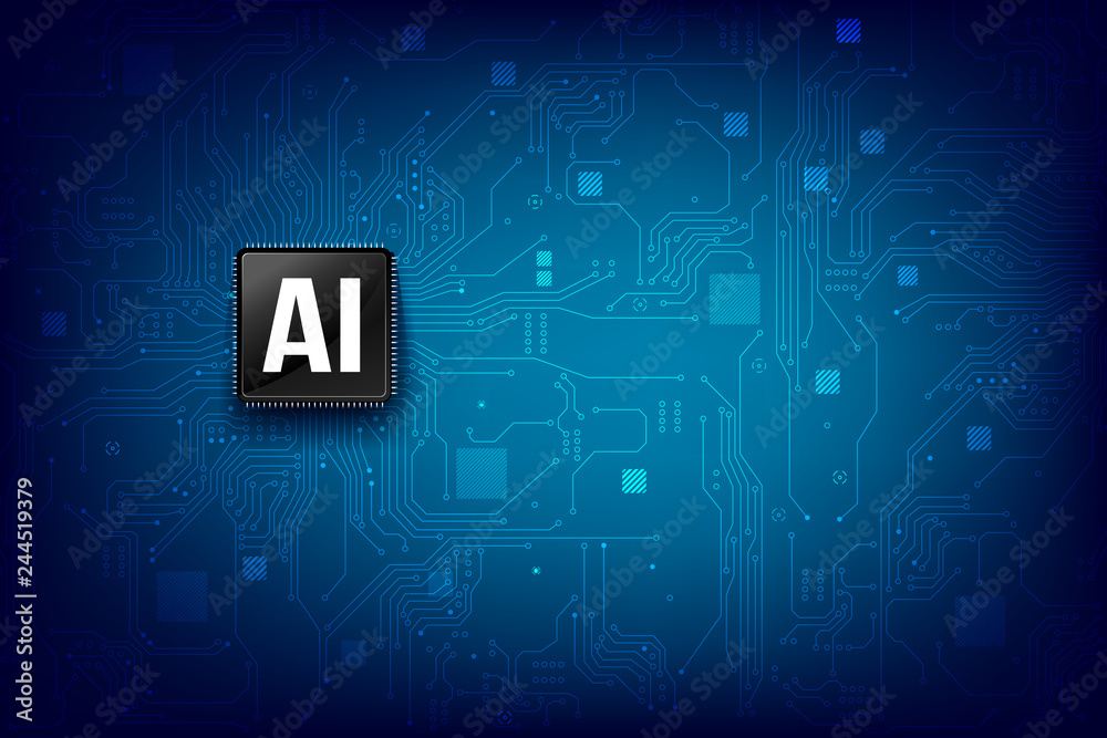 Poster ai artificial intelligence technology cpu chipset with print circuit board dot connection line 002