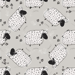 Animal cute vector illustration, seamless pattern of graphic drawing funny sheep. Fluffy wool lamb pet background for fabric, textile, paper, wallpaper, wrapping or greeting card. Doodle kids element