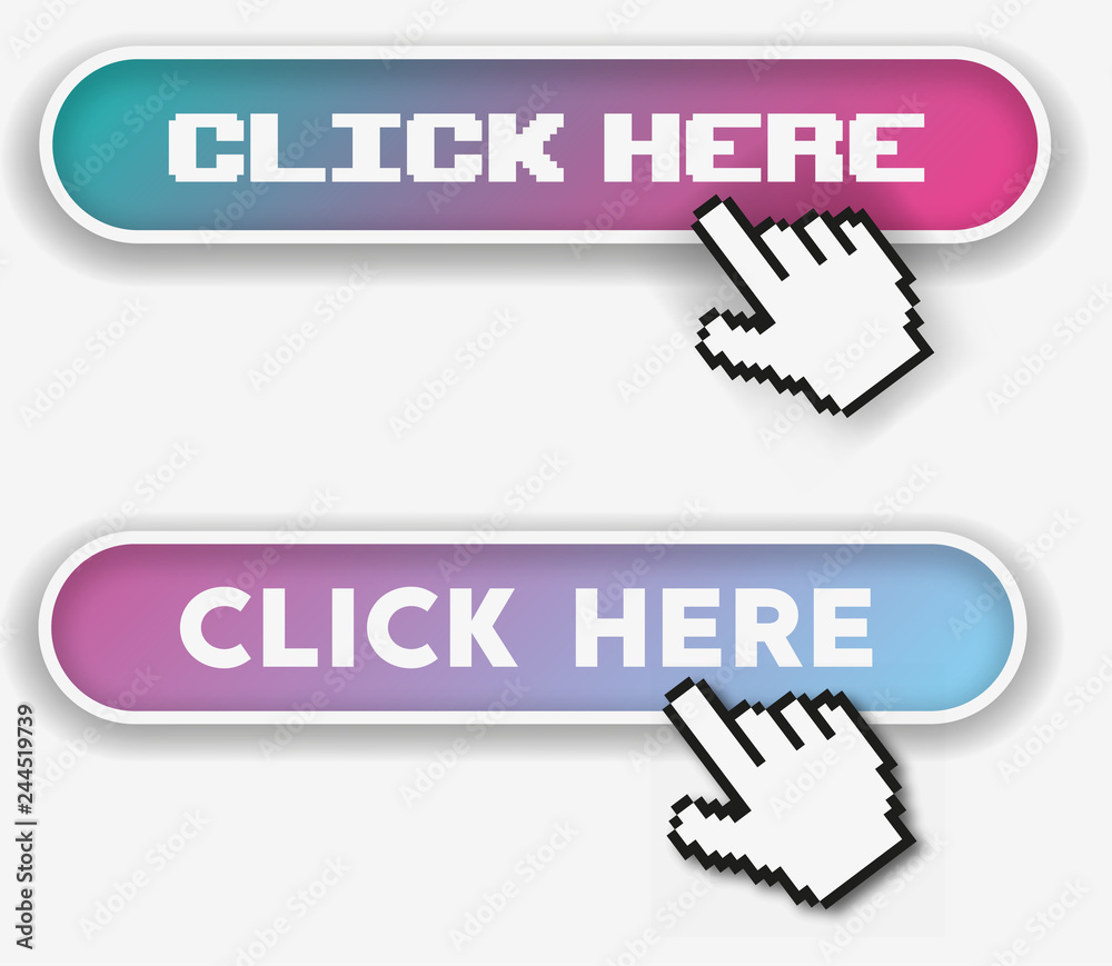 Poster Click Here flat button set. Click here button with hand pointer clicking