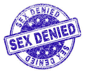 SEX DENIED stamp seal imprint with distress texture. Designed with rounded rectangles and circles. Blue vector rubber print of SEX DENIED text with corroded texture.