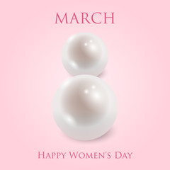 8 March greeting card template with two shiny pearls forming number 8 and bow and ribbon on pink background with scattered pearls. International Women's day background. Vector illustration