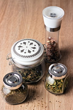 Homemade spices in different containers