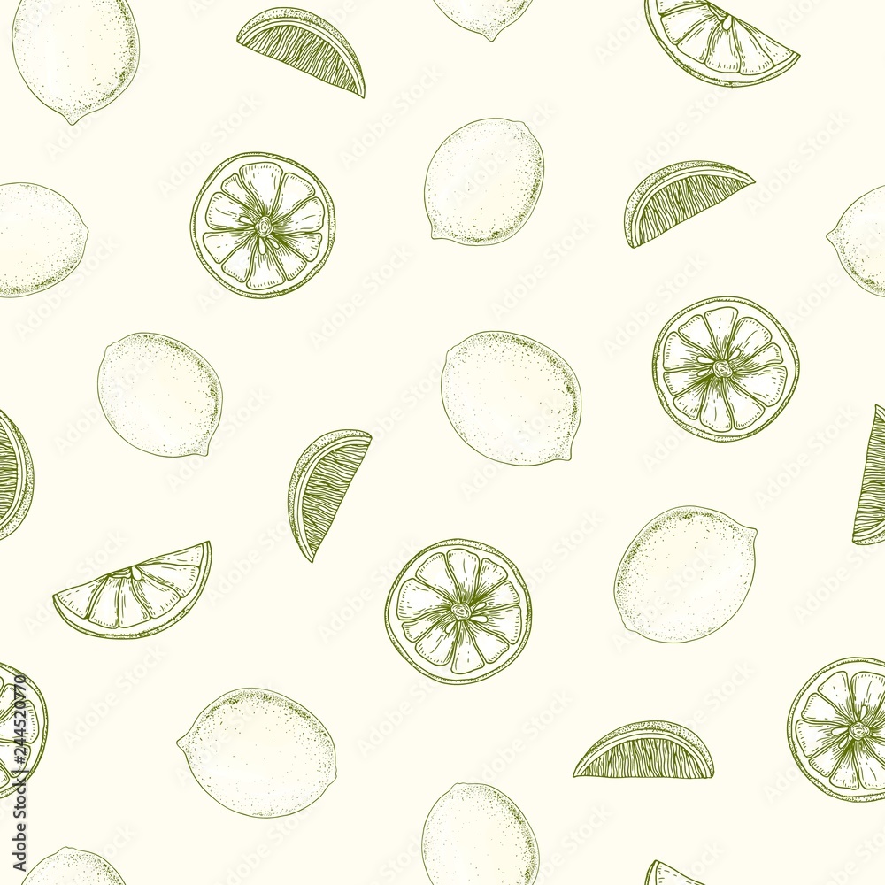 Aufkleber natural seamless pattern with lemons, whole and cut into pieces hand drawn with contour lines on lig