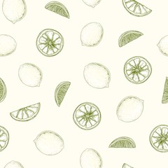 Natural seamless pattern with lemons, whole and cut into pieces hand drawn with contour lines on light background. Backdrop with citrus fruits. Monochrome vector illustration for wrapping paper.
