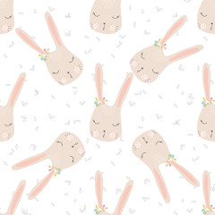 Seamless cartoon pattern cute vector illustration of beautiful bunny with flower and leaves background. Fluffy pet background for fabric, textile, wallpaper, wrapping, greeting card. Doodle element.