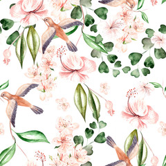 Watercolor pattern with spring flowers, eucalyptus leaves and birds. 