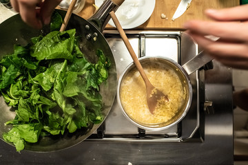 Cook sauteed kale vegetables in a wok