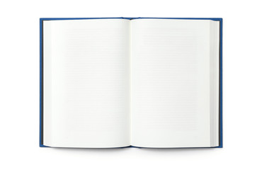 Blank open book isolated, top front view. Blue hardcover with black