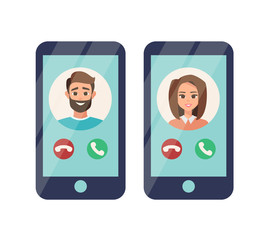 Incoming call from the man on mobile phone. Set of Smartphones with woman and man on display. Vector illustration isolated from white background