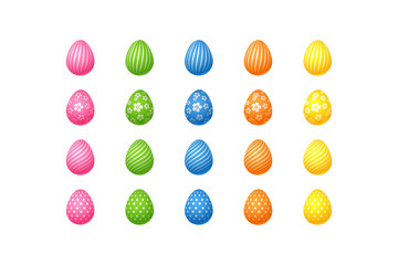 Bright colorful easter eggs Set of pink blue green orange yellow eggs with spiral lines specks flowers pattern Isolated on white background Egg design element for Easter card sale Vector Easter Eggs