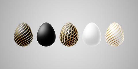 Fototapeta premium Bright modern luxury Easter eggs Set of white black gold elegant egg with spiral lines pattern on a light background Egg design element for Easter card sale Vector golden luxury spring Easter Eggs