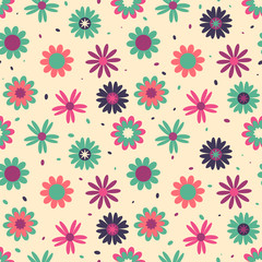 Colorful background with cartoon flowers, vector. Seamless floral design. Floral seamless pattern for children