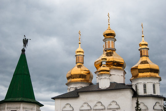 Golden domes of the Holy Trinity Monastery. Tyumen, Siberia, Russia.